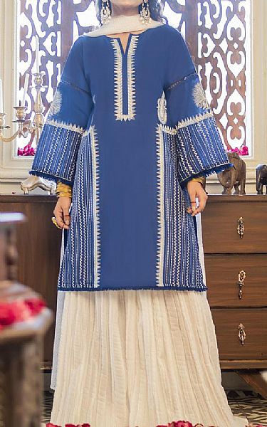 Nuriyaa Cornflower Blue Slub Lawn Suit (2 Pcs) | Pakistani Pret Wear Clothing by Nuriyaa- Image 1