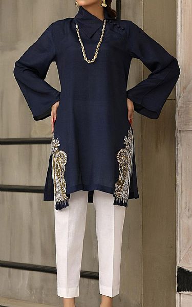 Nuriyaa Navy Blue Lawn Kurti | Pakistani Pret Wear Clothing by Nuriyaa- Image 1