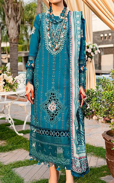 Parishay Teal Blue Karandi Suit | Pakistani Winter Dresses- Image 1