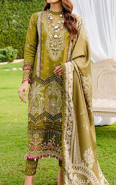 Parishay Olive Green Karandi Suit | Pakistani Winter Dresses- Image 1