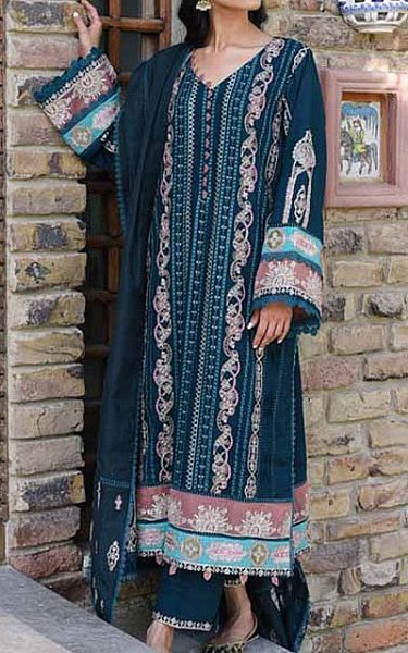 Qalamkar Teal Blue Linen Suit | Pakistani Winter Dresses- Image 1