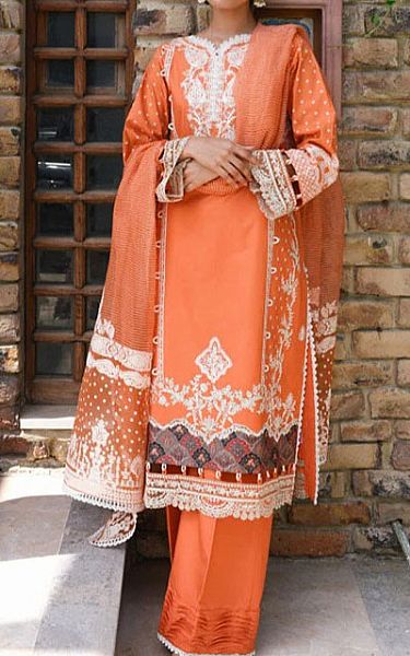 Qalamkar Coral Linen Suit | Pakistani Winter Dresses- Image 1