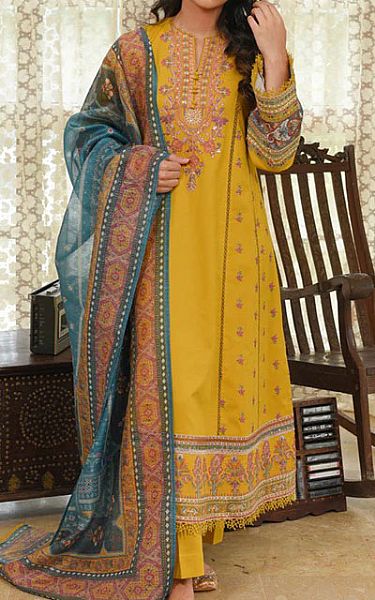 Qalamkar Mustard Linen Suit | Pakistani Dresses in USA- Image 1