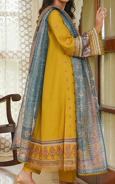 Qalamkar Mustard Linen Suit | Pakistani Dresses in USA- Image 2