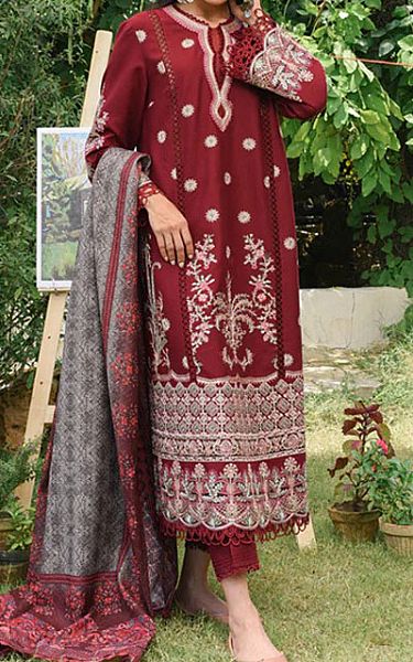 Qalamkar Maroon Linen Suit | Pakistani Dresses in USA- Image 1
