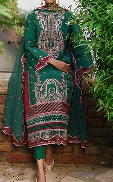 Qalamkar Emerald Green Linen Suit | Pakistani Dresses in USA- Image 1