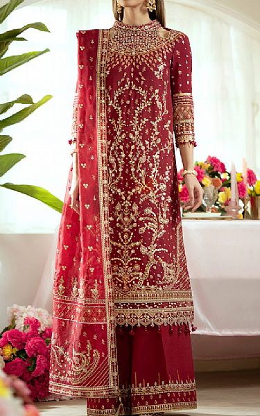 Qalamkar Maroon Silk Suit | Pakistani Embroidered Chiffon Dresses- Image 1