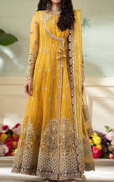 Qalamkar Mustard Organza Suit | Pakistani Embroidered Chiffon Dresses- Image 1