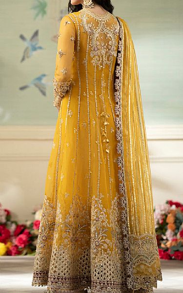 Qalamkar Mustard Organza Suit | Pakistani Embroidered Chiffon Dresses- Image 2