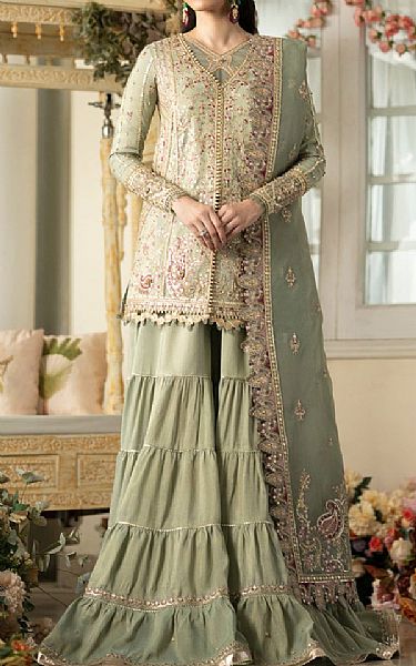 Qalamkar Sage Green Masoori Suit | Pakistani Embroidered Chiffon Dresses- Image 1