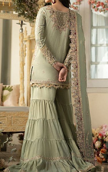 Qalamkar Sage Green Masoori Suit | Pakistani Embroidered Chiffon Dresses- Image 2