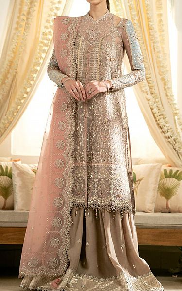 Qalamkar Pale Taupe Organza Suit | Pakistani Embroidered Chiffon Dresses- Image 1