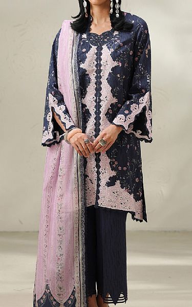 Qalamkar Navy/Light Pink Lawn Suit | Pakistani Lawn Dress in USA- Image 1