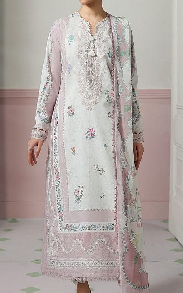 Qalamkar Off White/Light Pink Lawn Suit | Pakistani Lawn Dress in USA- Image 1