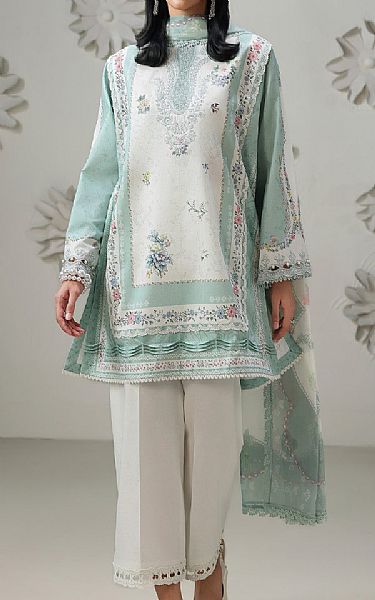 Qalamkar Off White/Summer Green Lawn Suit | Pakistani Lawn Dress in USA- Image 1