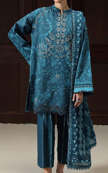 Qalamkar Teal Lawn Suit | Pakistani Lawn Dress in USA- Image 1