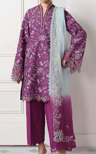 Qalamkar Plum Lawn Suit | Pakistani Lawn Dress in USA- Image 1