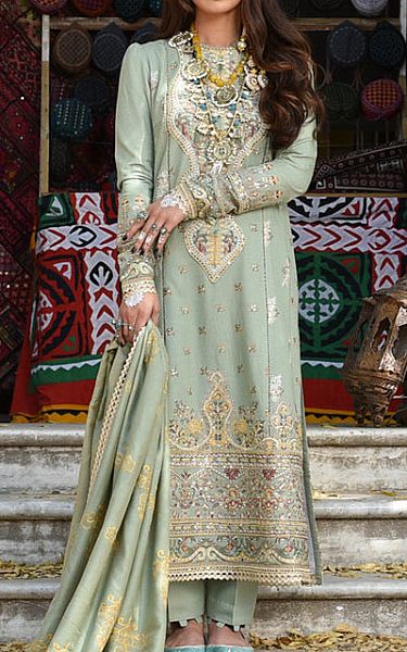 Qalamkar Pistachio Green Karandi Suit | Pakistani Winter Dresses- Image 1