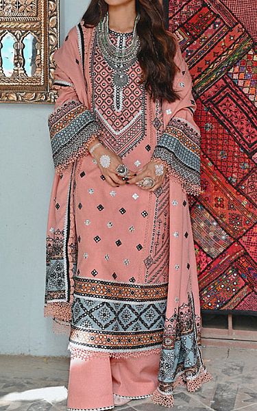 Qalamkar Tea Pink Karandi Suit | Pakistani Winter Dresses- Image 1