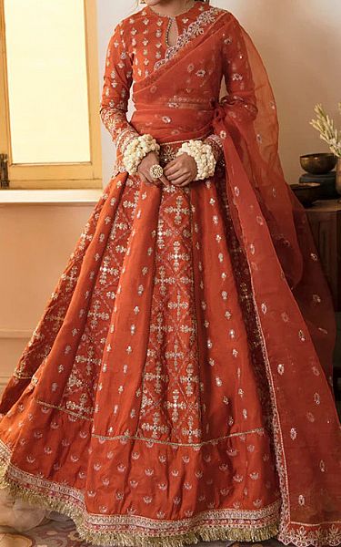 Qalamkar Coral Silk Suit | Pakistani Wedding Dresses- Image 1