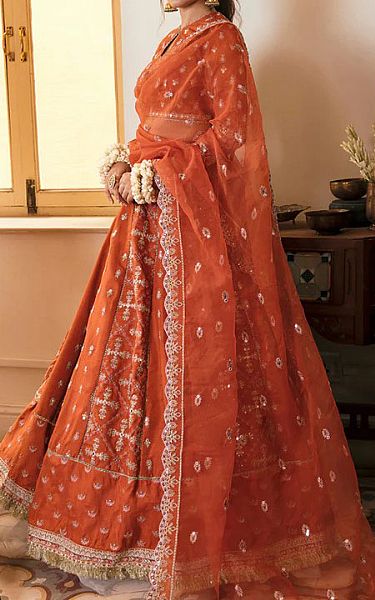 Qalamkar Coral Silk Suit | Pakistani Wedding Dresses- Image 2
