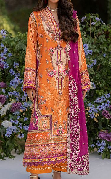 Qalamkar Flame Orange Silk Suit | Pakistani Embroidered Chiffon Dresses USA- Image 1