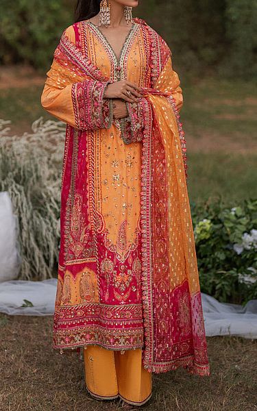 Qalamkar Harvest Gold Silk Suit | Pakistani Embroidered Chiffon Dresses USA- Image 1