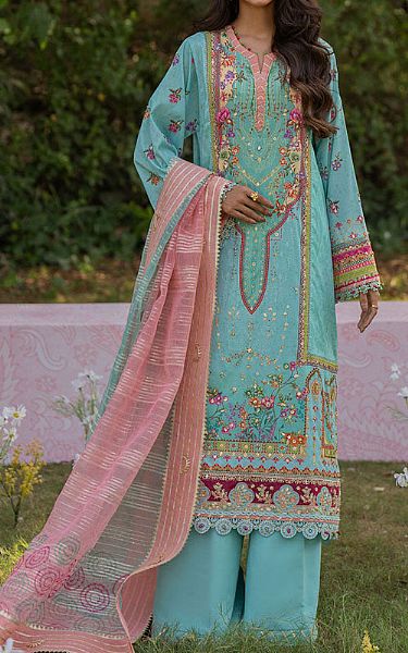 Qalamkar Turquoise Silk Suit | Pakistani Embroidered Chiffon Dresses USA- Image 1