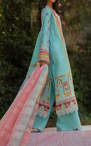 Qalamkar Turquoise Silk Suit | Pakistani Embroidered Chiffon Dresses USA- Image 2