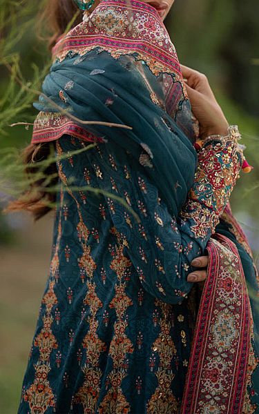Qalamkar Teal Silk Suit | Pakistani Embroidered Chiffon Dresses USA- Image 2