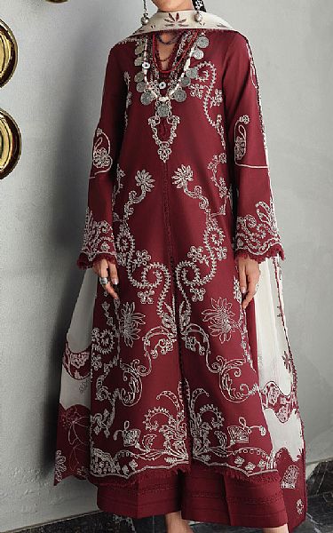 Qalamkar Maroon Lawn Suit | Pakistani Lawn Dress in USA- Image 1