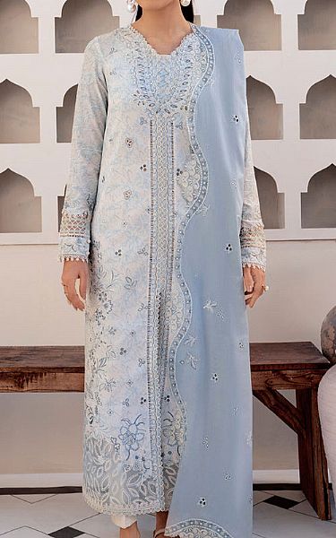 Qalamkar White/Blue Lawn Suit | Pakistani Lawn Dress in USA- Image 1