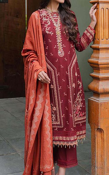 Qalamkar Maroon Peach Leather Suit | Pakistani Winter Dresses- Image 1