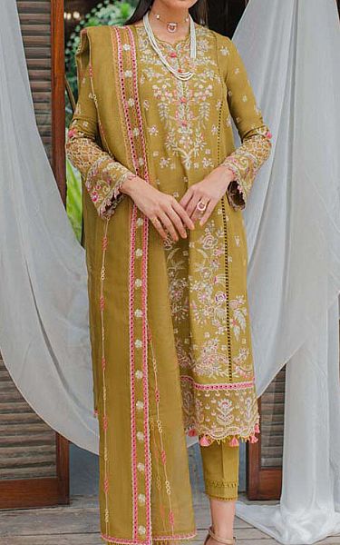Qalamkar Olive Linen Suit | Pakistani Winter Dresses- Image 1