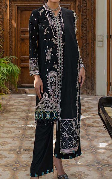 Qalamkar Black Peach Leather Suit | Pakistani Winter Dresses- Image 1