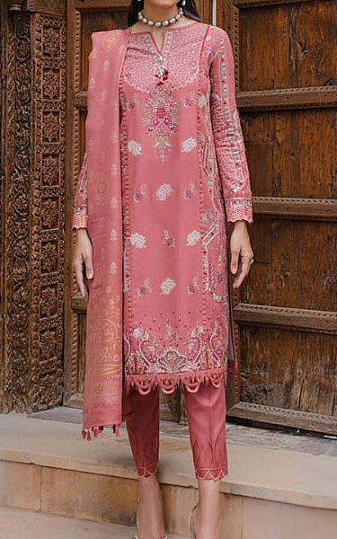 Qalamkar Tea Pink Peach Leather Suit | Pakistani Winter Dresses- Image 1