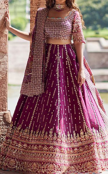 Qalamkar Dark Raspberry Raw Silk Suit | Pakistani Embroidered Chiffon Dresses USA- Image 1