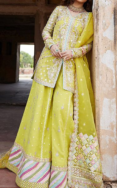 Qalamkar Lime Green Net Suit | Pakistani Embroidered Chiffon Dresses USA- Image 1