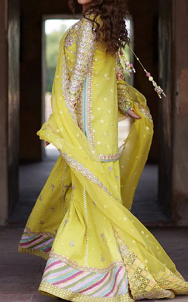Qalamkar Lime Green Net Suit | Pakistani Embroidered Chiffon Dresses USA- Image 2