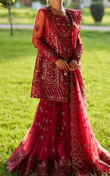 Qalamkar Rich Carmine Net Suit | Pakistani Embroidered Chiffon Dresses USA- Image 1