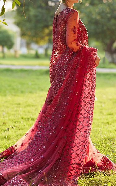 Qalamkar Rich Carmine Net Suit | Pakistani Embroidered Chiffon Dresses USA- Image 2