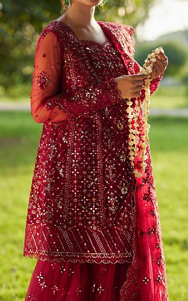 Qalamkar Rich Carmine Net Suit | Pakistani Embroidered Chiffon Dresses USA- Image 3