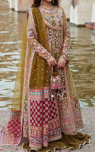 Qalamkar Lu__ Gold Net Suit | Pakistani Embroidered Chiffon Dresses USA- Image 1