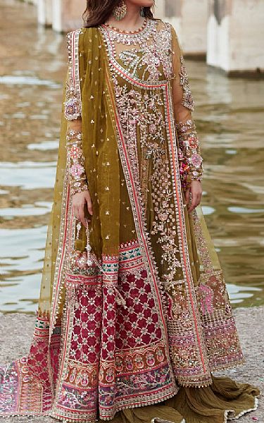 Qalamkar Lu__ Gold Net Suit | Pakistani Embroidered Chiffon Dresses USA- Image 2