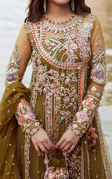 Qalamkar Lu__ Gold Net Suit | Pakistani Embroidered Chiffon Dresses USA- Image 3