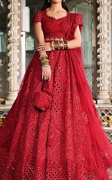 Qalamkar Red Silk Suit | Pakistani Embroidered Chiffon Dresses USA- Image 1