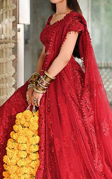 Qalamkar Red Silk Suit | Pakistani Embroidered Chiffon Dresses USA- Image 3