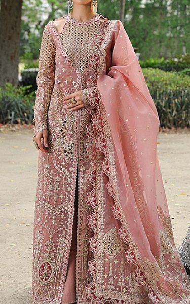 Qalamkar Oriental Pink Organza Suit | Pakistani Embroidered Chiffon Dresses USA- Image 1