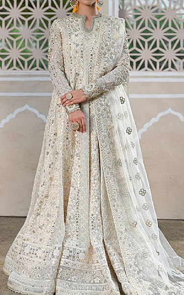 Qalamkar Off White Chiffon Suit | Pakistani Embroidered Chiffon Dresses USA- Image 1
