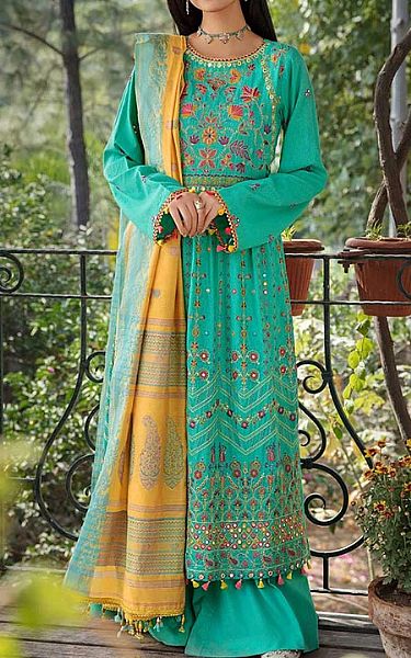 Rajbari Aqua Karandi Suit | Pakistani Dresses in USA- Image 1
